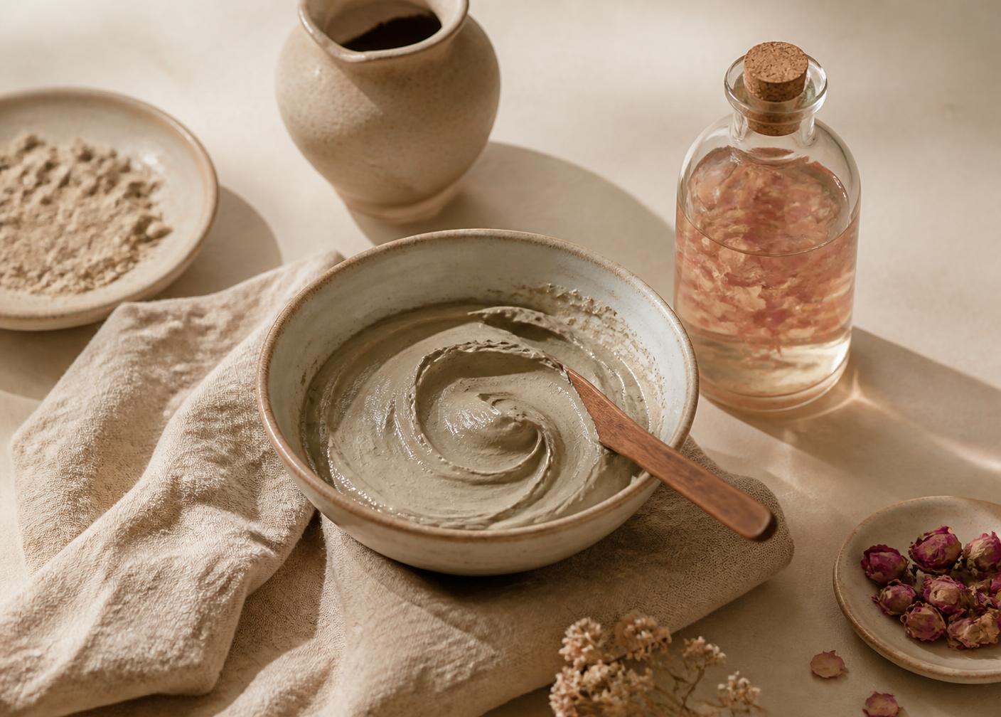 Clay skincare ritual still life
